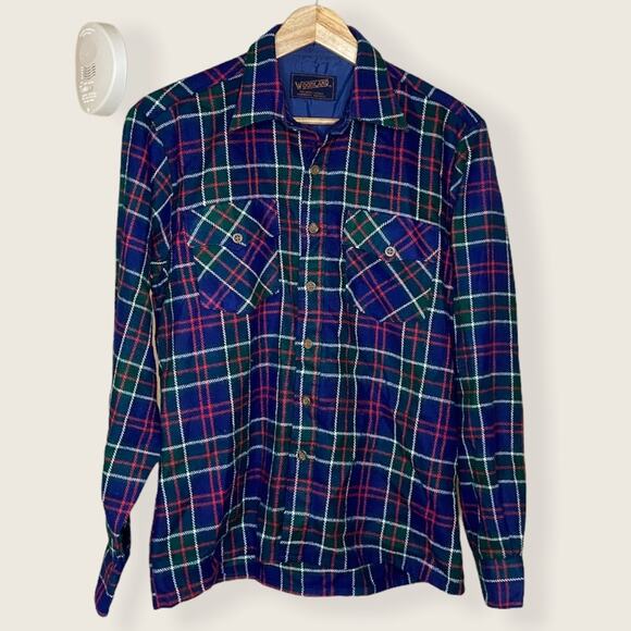 Vintage Woodland Large Navy Heavy Plaid Flannel Shirt Jacket Button Down Shirt - Picture 9 of 14